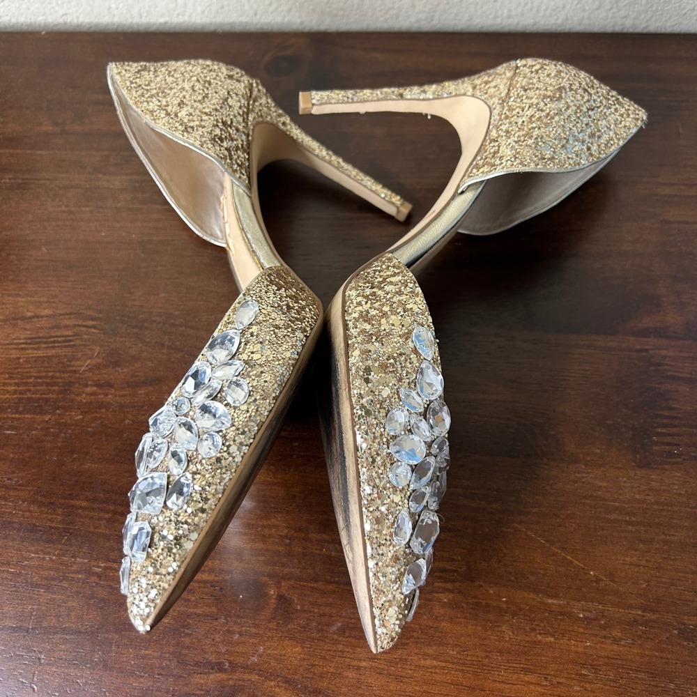 Jewel Badgley Mischka Pumps 7.5 Upton Evening Heels Gold Rhinestone D'Orsay - Picture 5 of 8